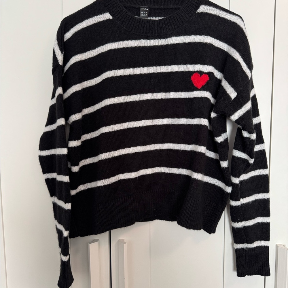 Black white striped sweater with red heart size small